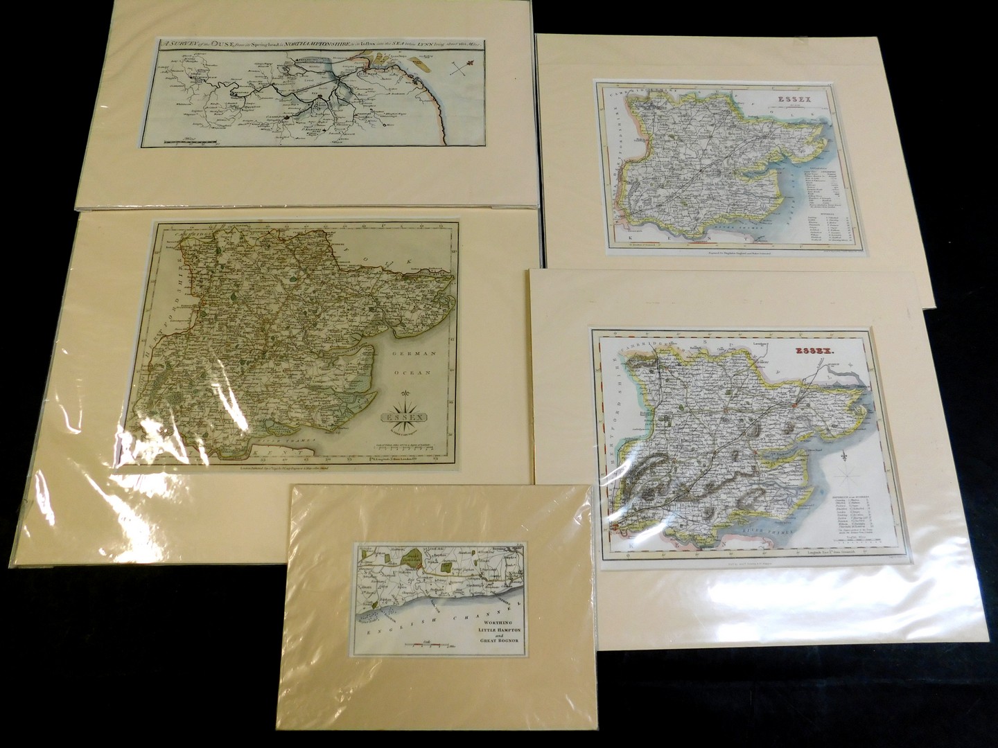 5 engraved maps including JOHN CARY: ESSEX, part hand coloured engraved map, 1793, approx 270 x