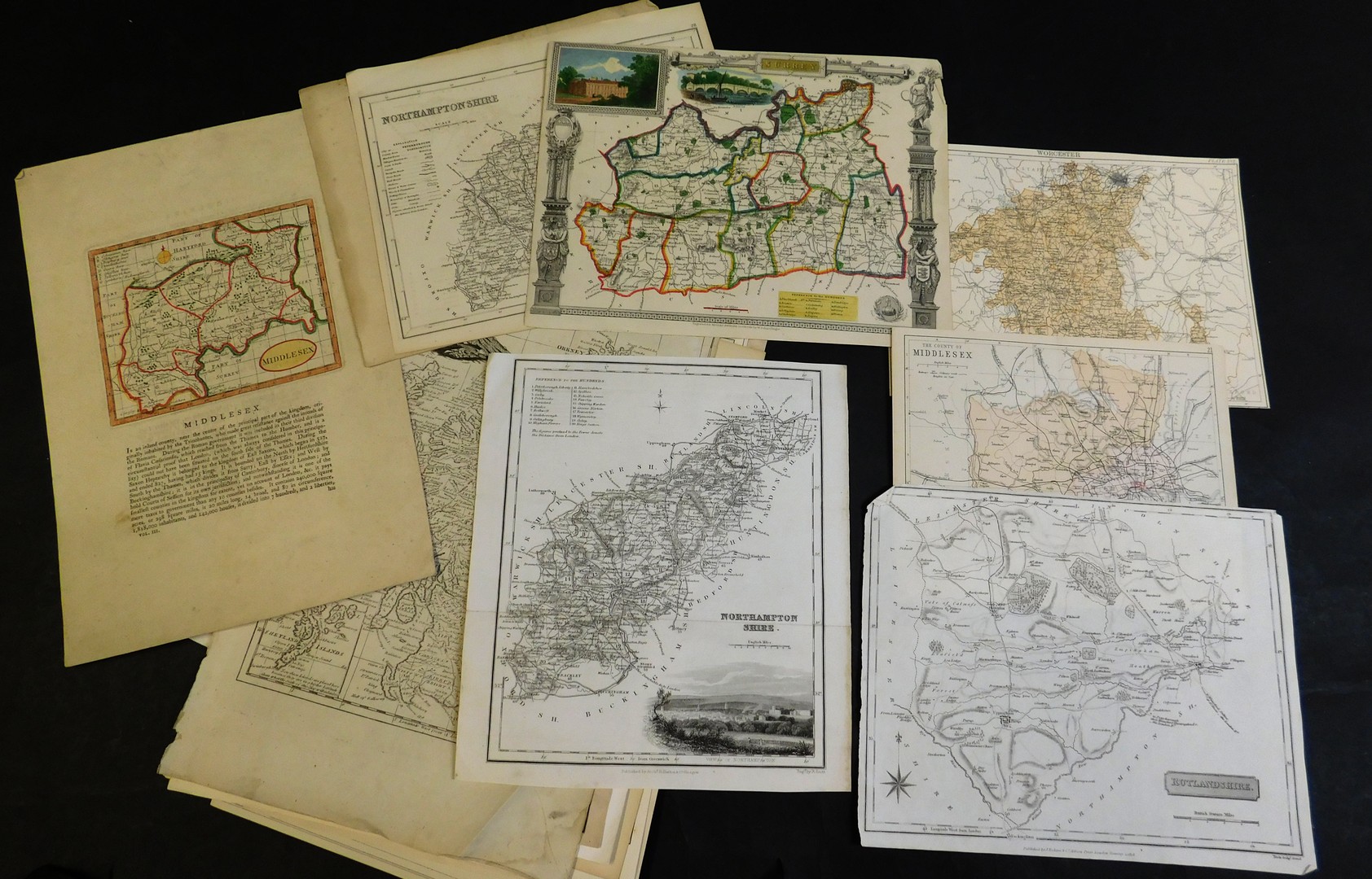 Packet: assorted English county maps including Rutland, Essex, Middlesex, Monmouthshire,