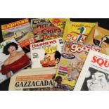 Four boxes: various newspaper cuttings and magazines, some 1st editions including Punch, Squib,