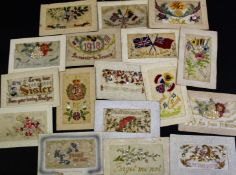 Collection of 17 WWI silk embroidered cards with either floral decoration or patriotic messages (17)