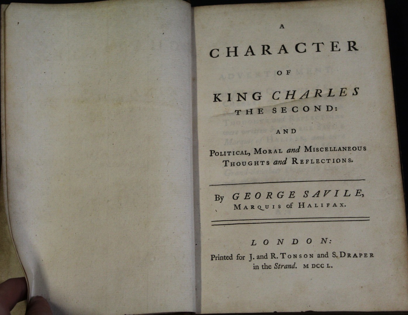 GEORGE SAVILE, MARQUIS OF HALIFAX: A CHARACTER OF KING CHARLES THE SECOND..., London for J & R