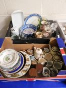 TWO BOXES OF PLATES, TEA WARES, SATSUMA DISH, GLASS DECANTERS ETC 92)