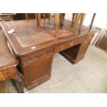 19TH CENTURY MAHOGANY TWIN PEDESTAL DESK WITH THREE DRAWERS OVER TWO CUPBOARD DOORS WITH RED LEATHER
