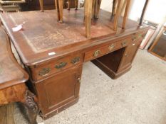 19TH CENTURY MAHOGANY TWIN PEDESTAL DESK WITH THREE DRAWERS OVER TWO CUPBOARD DOORS WITH RED LEATHER