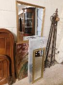 TWO GILT FRAMED MIRRORS TOGETHER WITH FRAMELESS PRINTS ETC