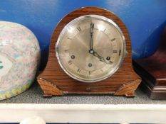 OAK FRAMED SILVERED DIAL MANTEL CLOCK