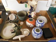 BOX CONTAINING A 19TH CENTURY, POSSIBLY COALPORT, PAINTED VASE (A/F), MIXED GINGER JARS ETC