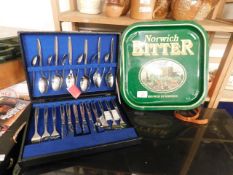 NORWICH BITTER TRAY TOGETHER WITH A CASED SET OF STAINLESS STEEL CUTLERY
