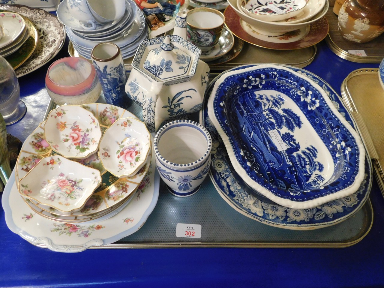 TRAY CONTAINING MIXED BLUE AND WHITE PRINTED DISHES, TEAPOT, ROYAL CROWN DERBY PIN DISHES ETC