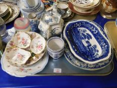 TRAY CONTAINING MIXED BLUE AND WHITE PRINTED DISHES, TEAPOT, ROYAL CROWN DERBY PIN DISHES ETC