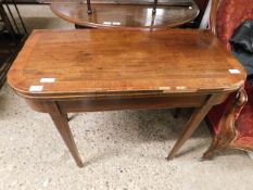 19TH CENTURY MAHOGANY AND BANDED FOLD OVER CARD TABLE WITH GREEN BAIZE LINED INTERIOR (A/F)
