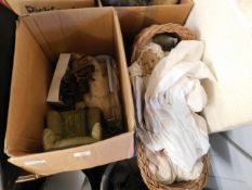 BOX AND A MOSES BASKET CONTAINING MIXED DOLLS, DOLLS HOUSE FURNITURE ETC