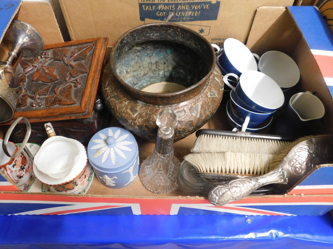 BOX CONTAINING CARVED STORAGE BOX, COPPER JARDINIERE, THOMAS GERMANY BLUE GLAZED TEA WARES, SILVER