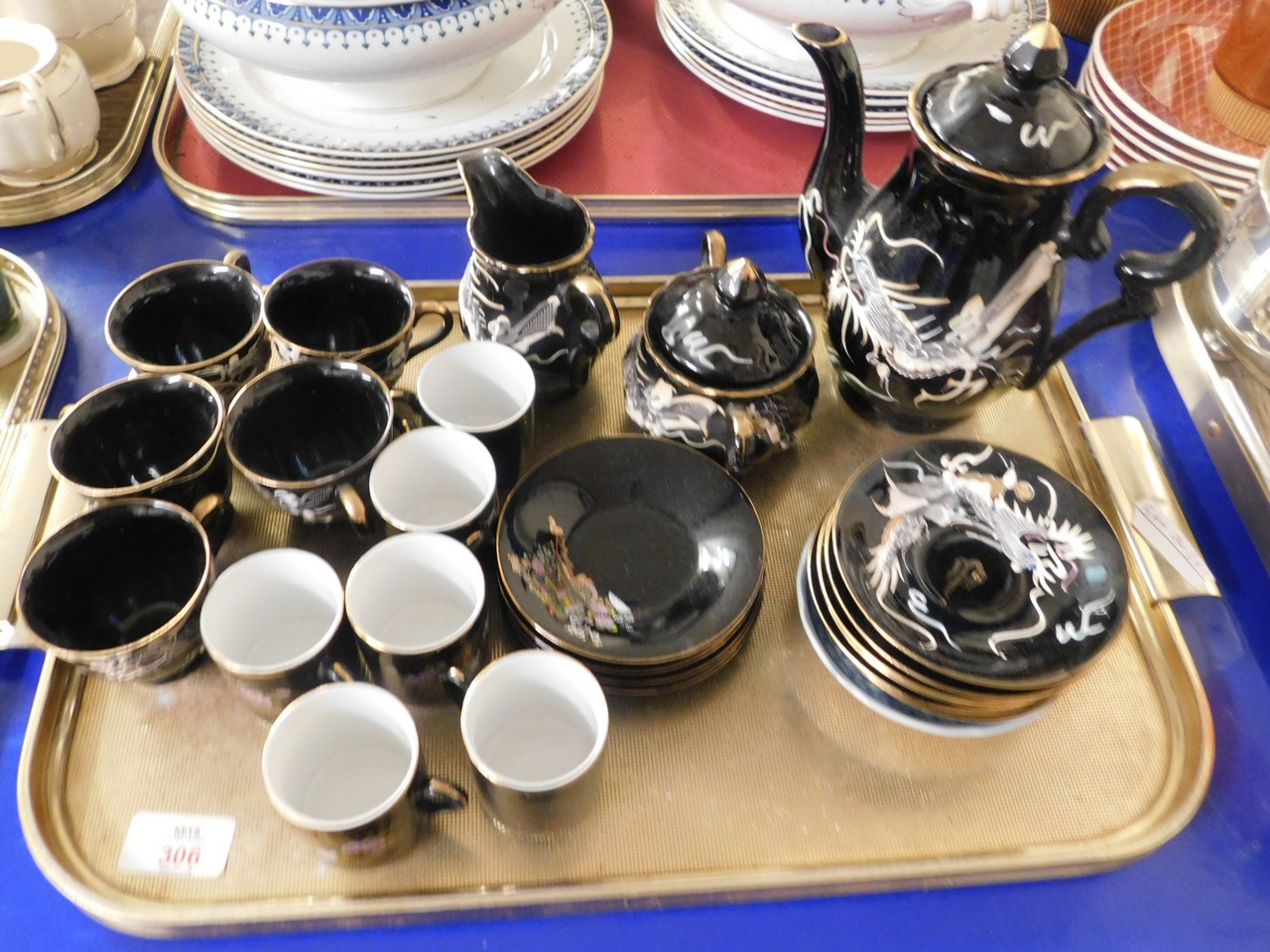 TRAY CONTAINING MODERN JAPANESE DRAGON DECORATED COFFEE CANS ETC