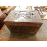 CHINESE CARVED TABLE TOP BOX WITH TYPICAL CARVED PANELS