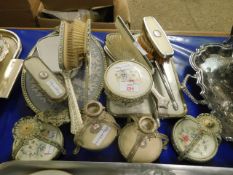 QUANTITY OF MIXED DRESSING TABLE WARES, CLOTHES BRUSHES, MIRRORS, TRAYS, CANDLESTICKS ETC