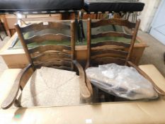 PAIR OF REPRODUCTION LADDER BACK ARMCHAIRS WITH RUSH SEATS