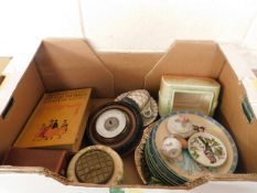 TRAY CONTAINING MIXED BOOKS, BAROMETER, ORIENTAL PLATES ETC