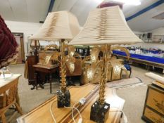 PAIR OF BRASS PALM LEAF LAMPS ON SQUARE MARBLE BASES