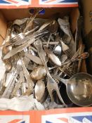 BOX CONTAINING SILVER PLATED FLATWARES ETC