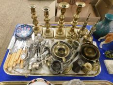 TRAY CONTAINING SILVER PLATED FLATWARES, TWO SETS OF BRASS CANDLESTICKS ETC