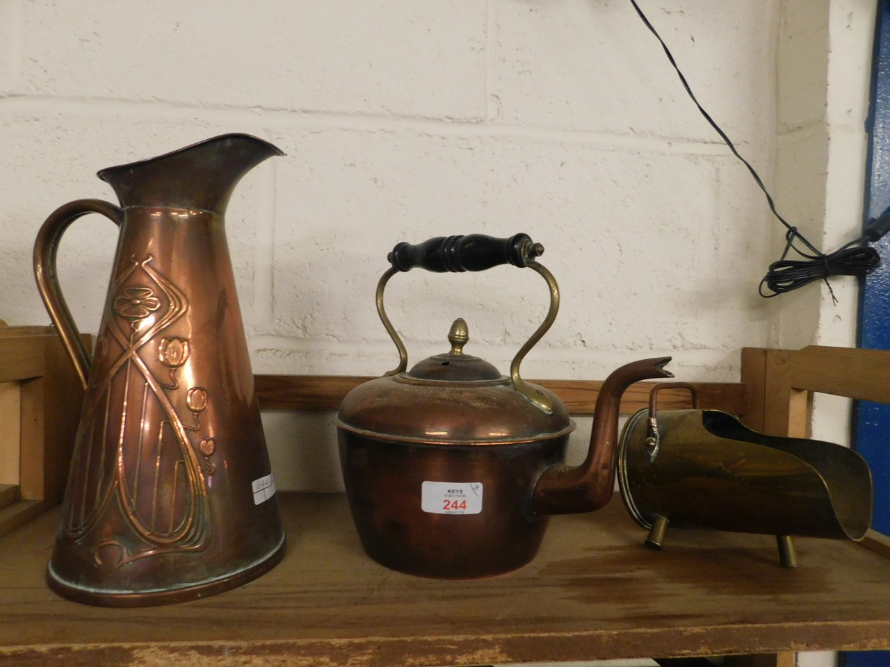 VICTORIAN COPPER KETTLE TOGETHER WITH AN ART NOUVEAU PRESSED COPPER JUG STAMPED J S & S TO BASE