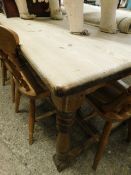 VICTORIAN PINE RECTANGULAR KITCHEN TABLE ON TURNED LEGS AND AN H STRETCHER