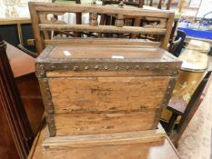 EASTERN HARDWOOD TABLE TOP MARRIAGE CHEST WITH BRASS BANDING AND TOP HANDLE