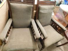 PAIR OF EDWARDIAN MAHOGANY FRAMED ARMCHAIRS WITH SLAT ARMS RAISED ON TURNED LEGS AND PORCELAIN