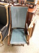 BEECHWOOD FRAMED FOLDING CAMPAIGN TYPE CHAIR WITH BLUE UPHOLSTERY