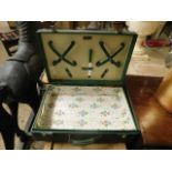GREEN PICNIC HAMPER WITH VOID INTERIOR TOGETHER WITH A FURTHER METAMORPHIC CHILD'S HIGH CHAIR (2)