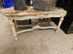 GOOD QUALITY SHAPED ONYX TOP TABLE WITH PAINTED AND GILDED FLORAL ENCRUSTED BASE