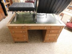 GOOD QUALITY WAXED PINE PARTNERS TYPE DESK WITH NINE DRAWERS WITH TURNED KNOB HANDLES WITH GREEN