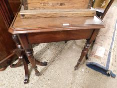 19TH CENTURY MAHOGANY SQUARE TOP TABLE WITH SINGLE DRAWER WITH CANTED CORNERS ON TURNED LEGS
