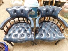 PAIR OF BLUE LEATHER UPHOLSTERED ARMCHAIRS WITH SPINDLE BACK AND BUTTON SEATS