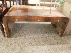 WALNUT ART DECO TYPE COFFEE TABLE WITH THREE DRAWERS WITH CHROME KNOB HANDLES