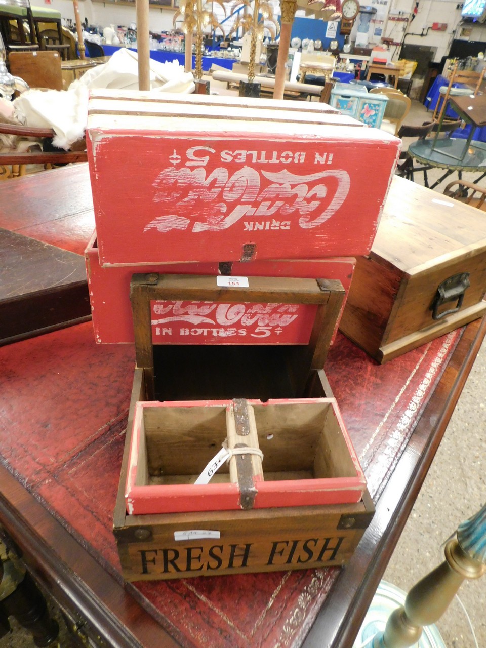 REPRODUCTION PAINTED COCA COLA CRATES TOGETHER WITH A FURTHER REPRODUCTION FREEMAN WHITBY TRUG