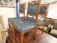 SET OF FOUR BEECHWOOD DINING CHAIRS WITH PEACOCK UPHOLSTERED SEAT AND BACK ON TURNED LEGS