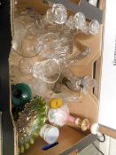BOX CONTAINING MIXED GLASS WARE, GREEN CARNIVAL GLASS DISHES, SET OF THREE DECANTERS ETC