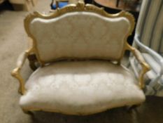 GOOD QUALITY MODERN GILT FRAMED TWO SEATER COTTAGE SOFA WITH GREEN UPHOLSTERY