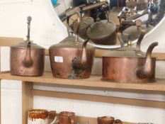 THREE 19TH CENTURY COPPER KETTLES WITH TOP HANDLES