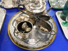 TRAY CONTAINING A SILVER PLATED HALF FLUTED TEA POT, TRAY ETC