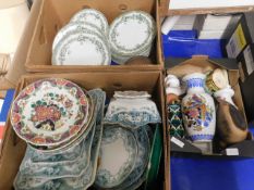 THREE BOXES OF MIXED GREEN PRINTED DINNER WARES, MIXED ORNAMENTS ETC