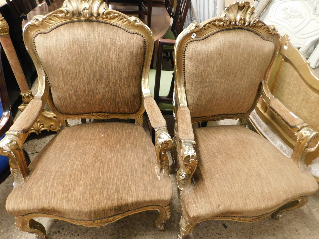 PAIR OF REPRODUCTION LOUIS XV STYLE GILT FRAMED ARMCHAIRS WITH BROWN UPHOLSTERY