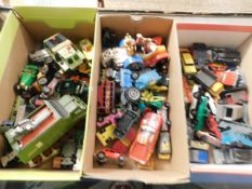 THREE BOXES OF MIXED BRITAIN'S, DINKY, PLAY WORN TOY CARS