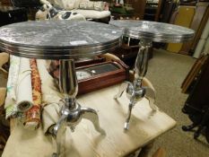PAIR OF CHROMIUM BASED SIDE TABLES WITH CIRCULAR MIRRORED TILE TOPS