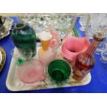 TRAY CONTAINING MIXED COLOURED GLASS WARES, BASKET, A BOHEMIAN TYPE DECANTER ETC