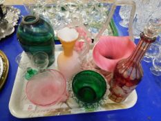 TRAY CONTAINING MIXED COLOURED GLASS WARES, BASKET, A BOHEMIAN TYPE DECANTER ETC