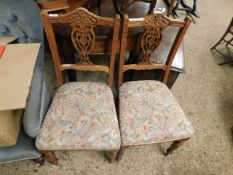 PAIR OF WALNUT PIERCED SPLAT BACK BEDROOM CHAIRS WITH FLORAL UPHOLSTERED SEAT AND RING TURNED