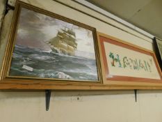 GILT FRAMED SHIPPING PRINT TOGETHER WITH A WATERCOLOUR OF HAWAII